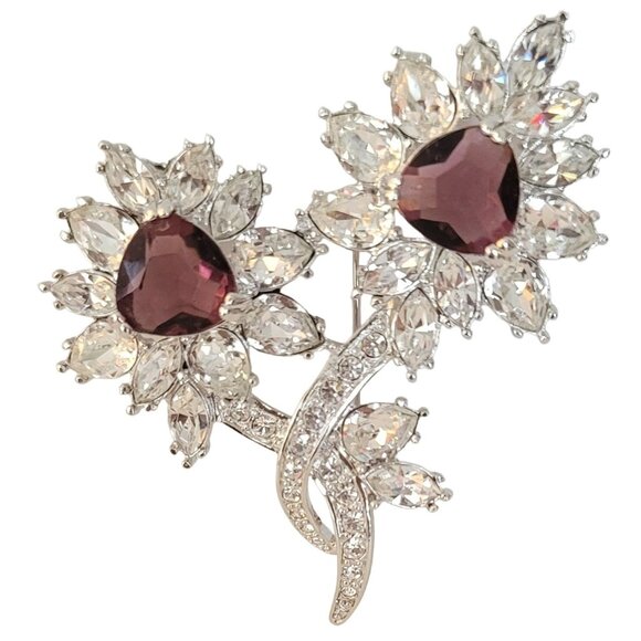 Nolan Miller Silver Tone Clear Purple Trillion Rhinestone Flower Brooch, M1025 - Picture 1 of 10